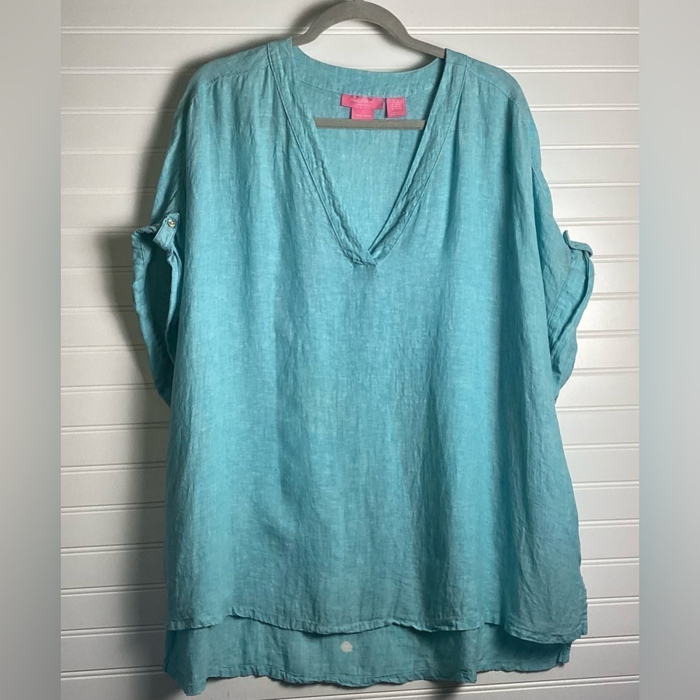 Isaac Mizrahi Womens 100% Linen Blue Boxy V Neck Cuffed Cap Sleeve Top Size 2X
